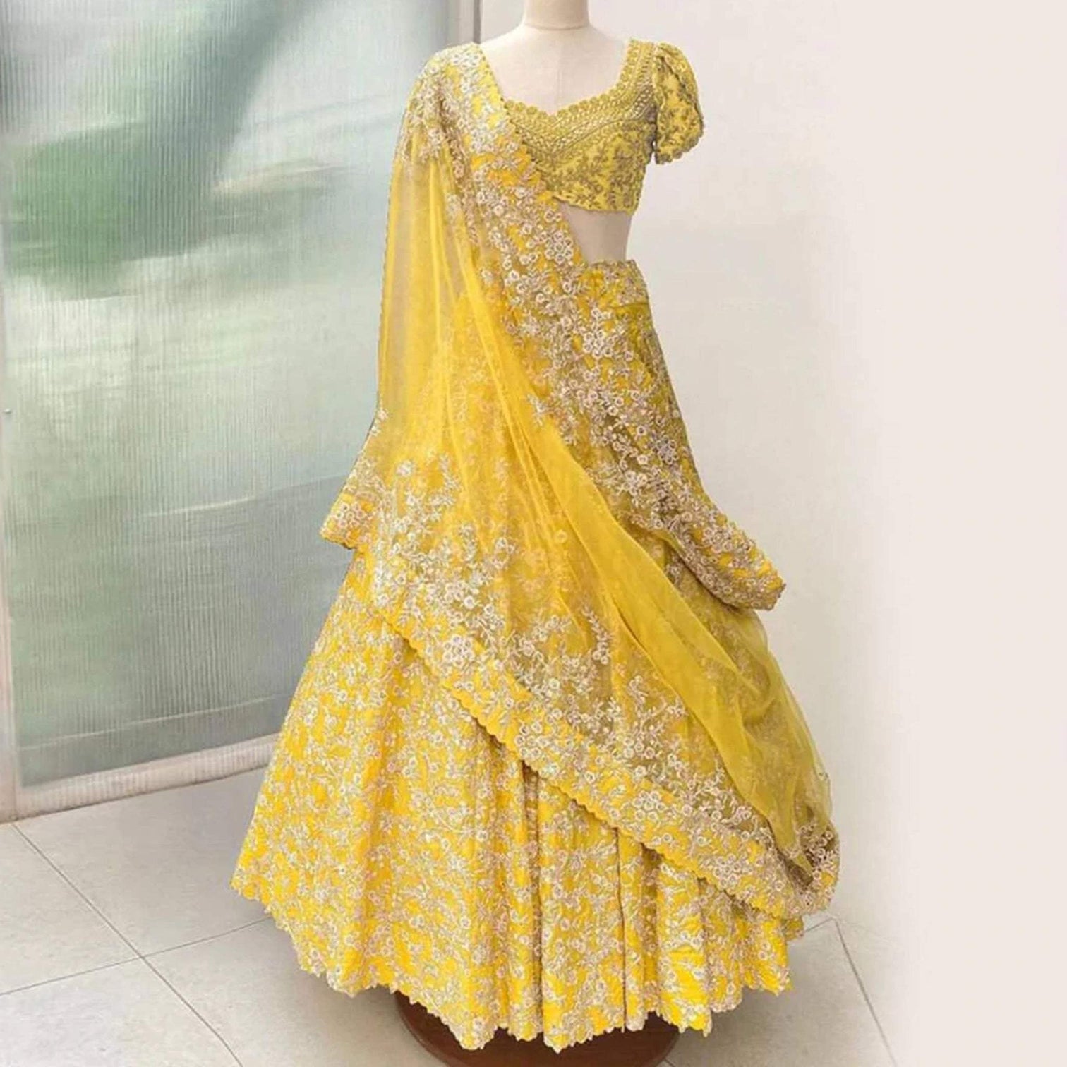 Yellow Bangalore Silk Indian Traditional Designer Haldi Ceremony Wedding Lehenga choli