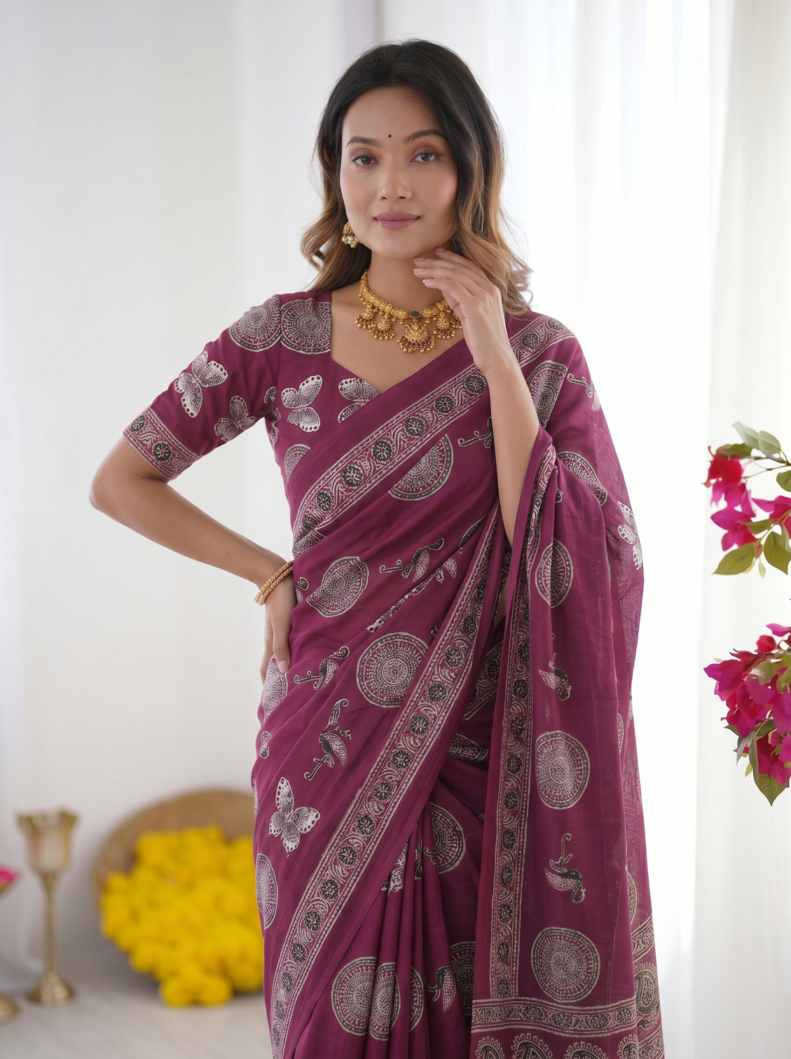 Wine purple modal silk saree with traditional circular motif print heritage designer pallu festive ethnic wear saree