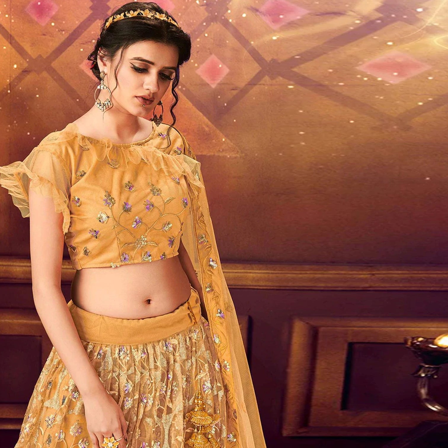 Yellow color Net Lehenga Choli with Embroidery work