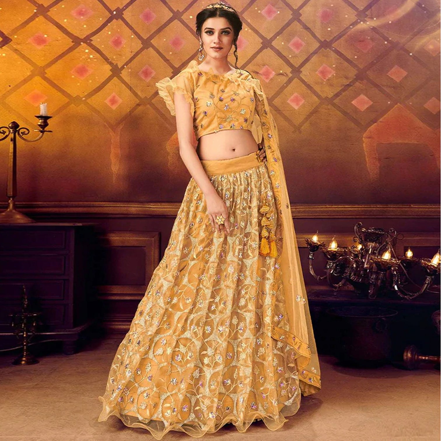 Yellow color Net Lehenga Choli with Embroidery work