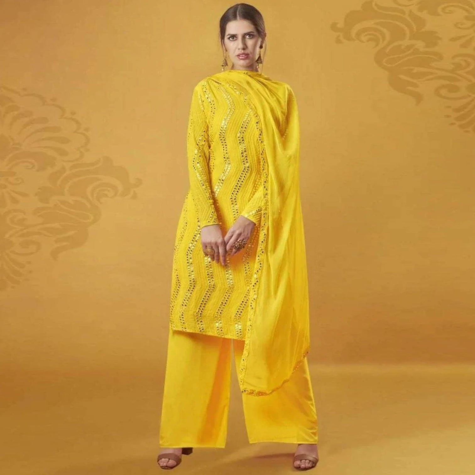Yellow Color Suit with Foil Mirror Work
