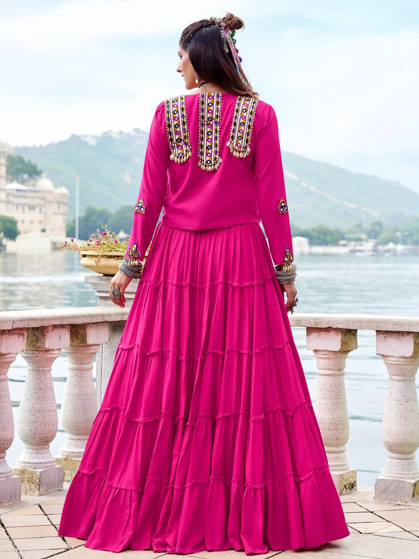 Pretty Rani Pink Gamthi Work Rayon Navratri Wear  Lehenga Choli With Jacket