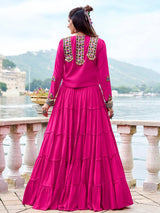Pretty Rani Pink Gamthi Work Rayon Navratri Wear  Lehenga Choli With Jacket