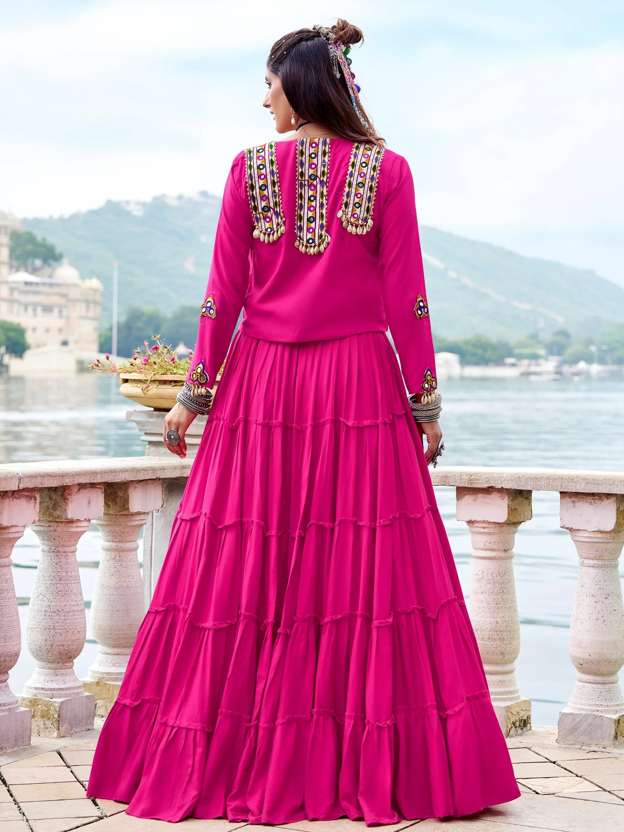 Pretty Rani Pink Gamthi Work Rayon Navratri Wear  Lehenga Choli With Jacket
