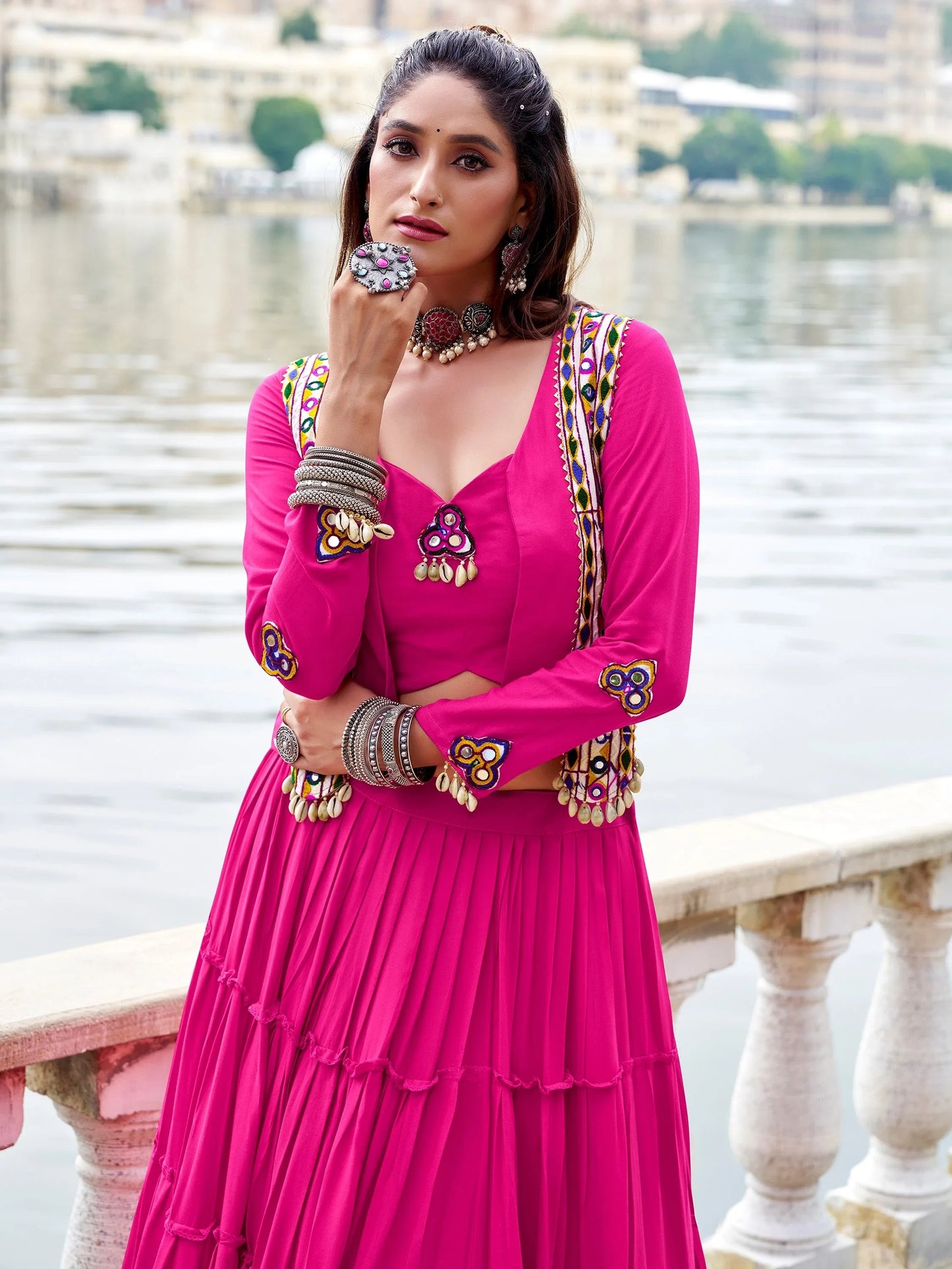 Pretty Rani Pink Gamthi Work Rayon Navratri Wear  Lehenga Choli With Jacket