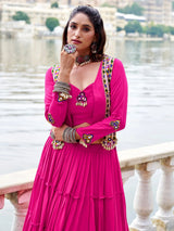 Pretty Rani Pink Gamthi Work Rayon Navratri Wear  Lehenga Choli With Jacket