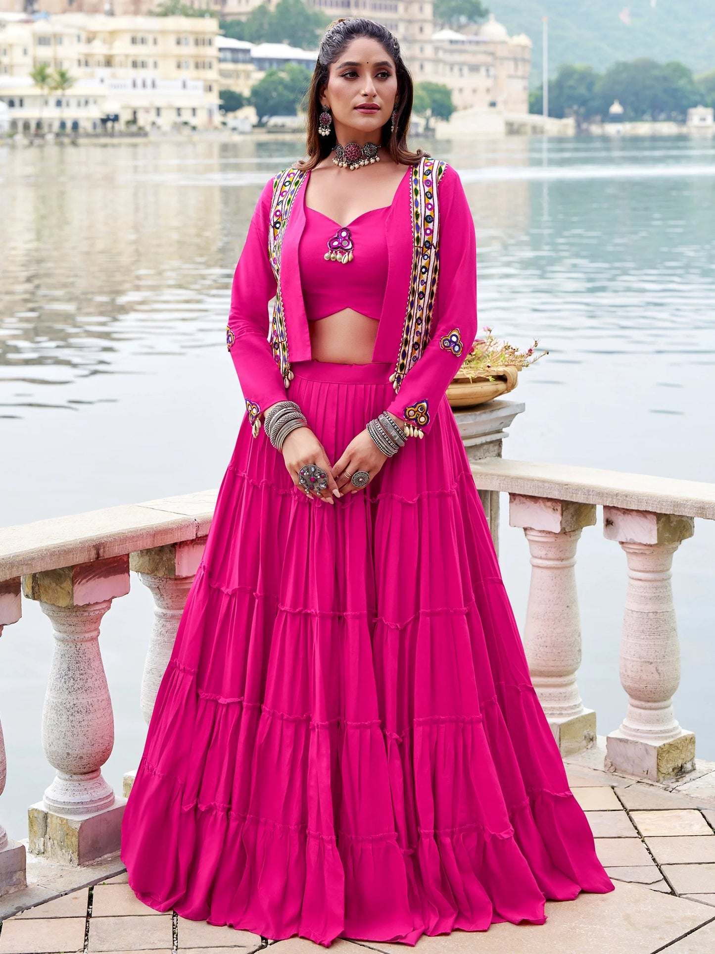 Pretty Rani Pink Gamthi Work Rayon Navratri Wear  Lehenga Choli With Jacket