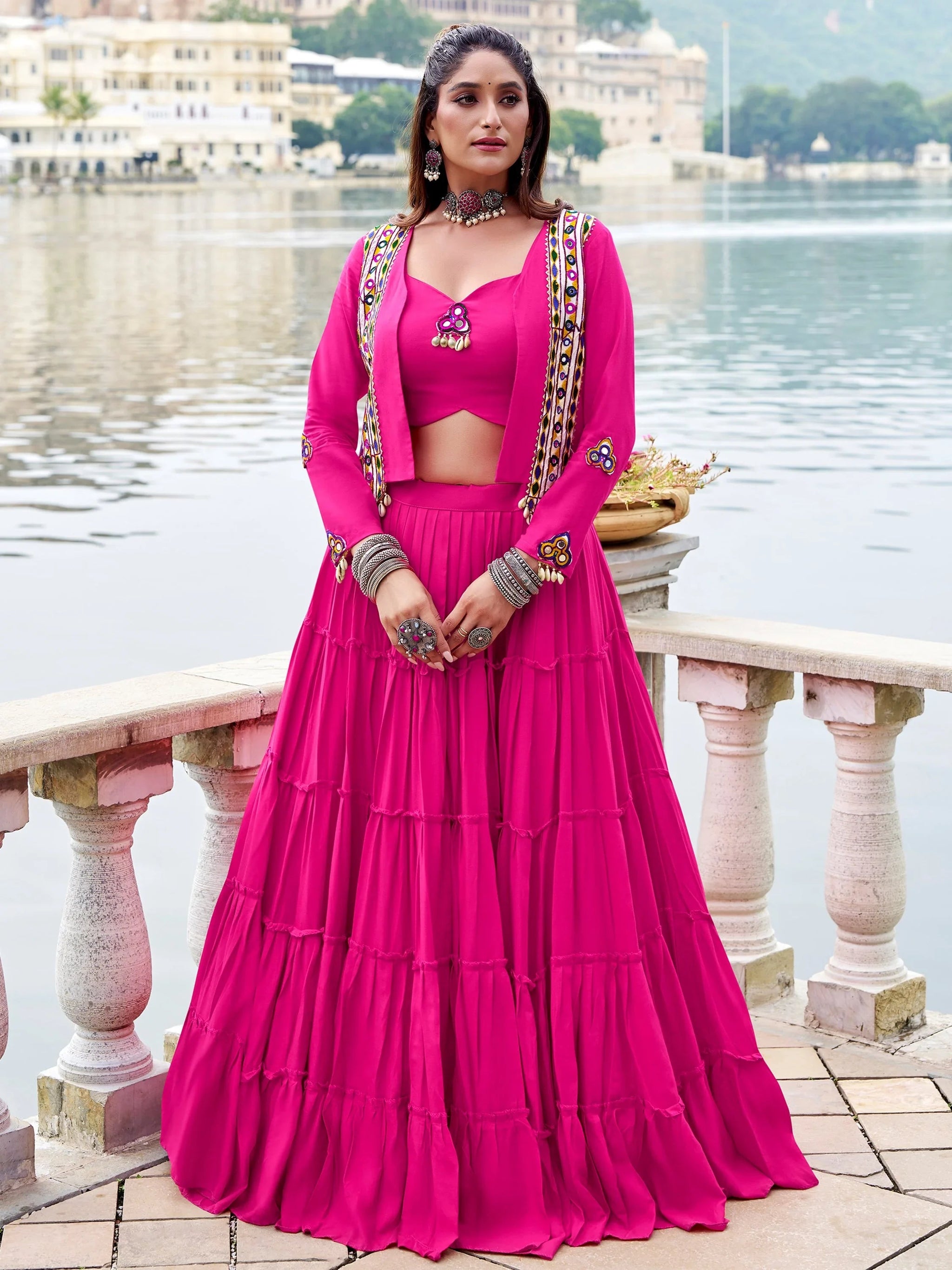 Pretty Rani Pink Gamthi Work Rayon Navratri Wear  Lehenga Choli With Jacket