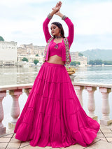 Pretty Rani Pink Gamthi Work Rayon Navratri Wear  Lehenga Choli With Jacket