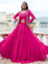 Pretty Rani Pink Gamthi Work Rayon Navratri Wear  Lehenga Choli With Jacket