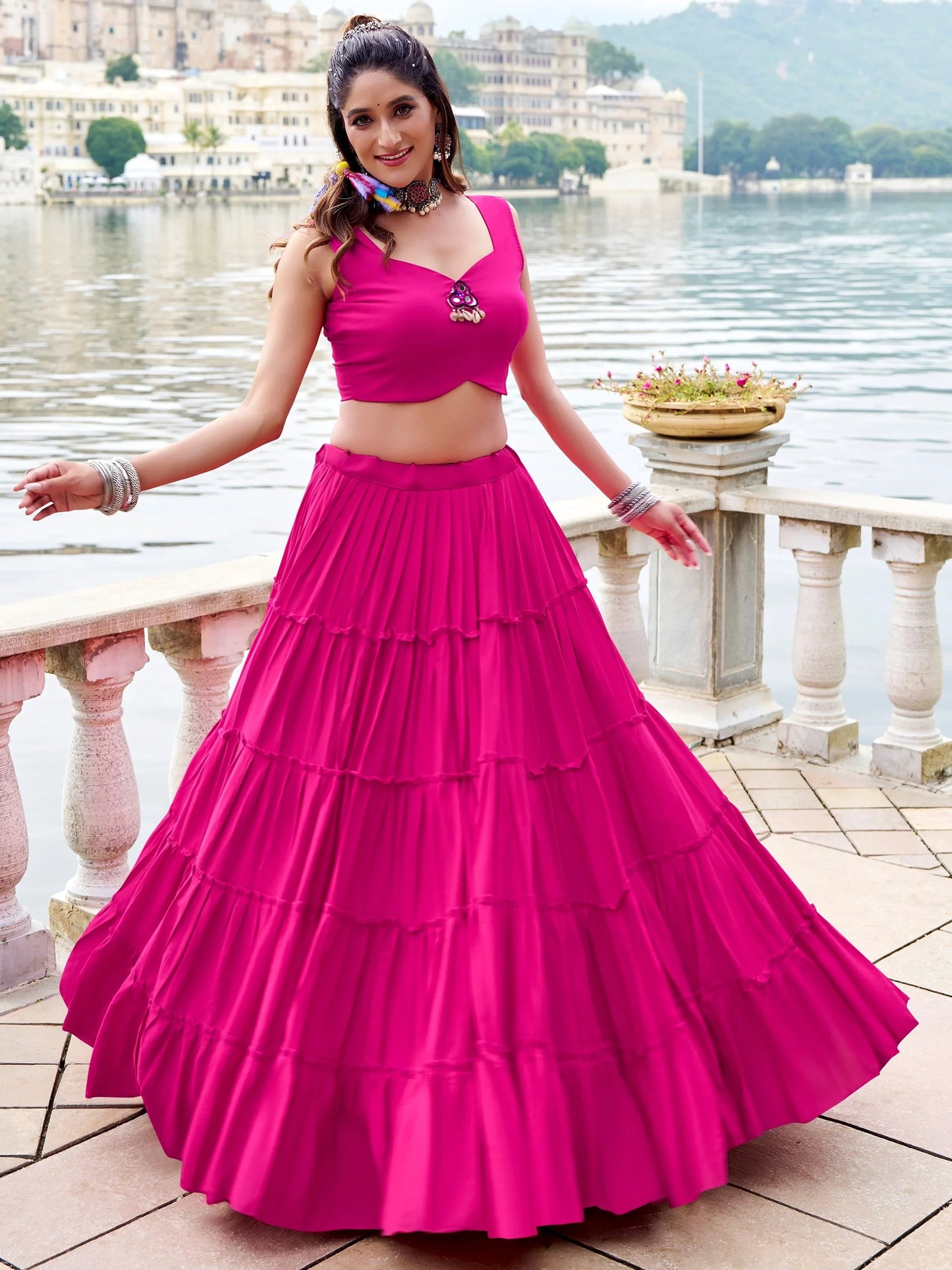 Pretty Rani Pink Gamthi Work Rayon Navratri Wear  Lehenga Choli With Jacket