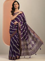 Libas Purple Printed Silk Blend Saree With Unstitched Blouse Piece