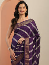 Libas Purple Printed Silk Blend Saree With Unstitched Blouse Piece