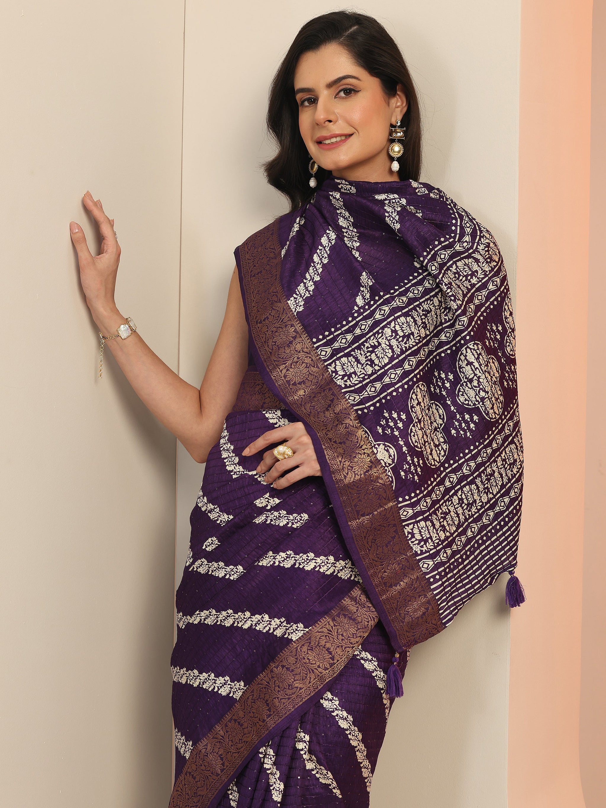 Libas Purple Printed Silk Blend Saree With Unstitched Blouse Piece