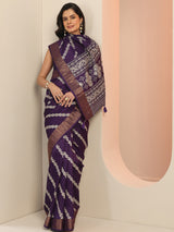 Libas Purple Printed Silk Blend Saree With Unstitched Blouse Piece