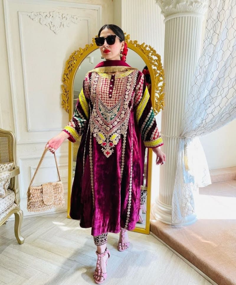 Wine Velvet Cording Embroidery Work Salwar Suit