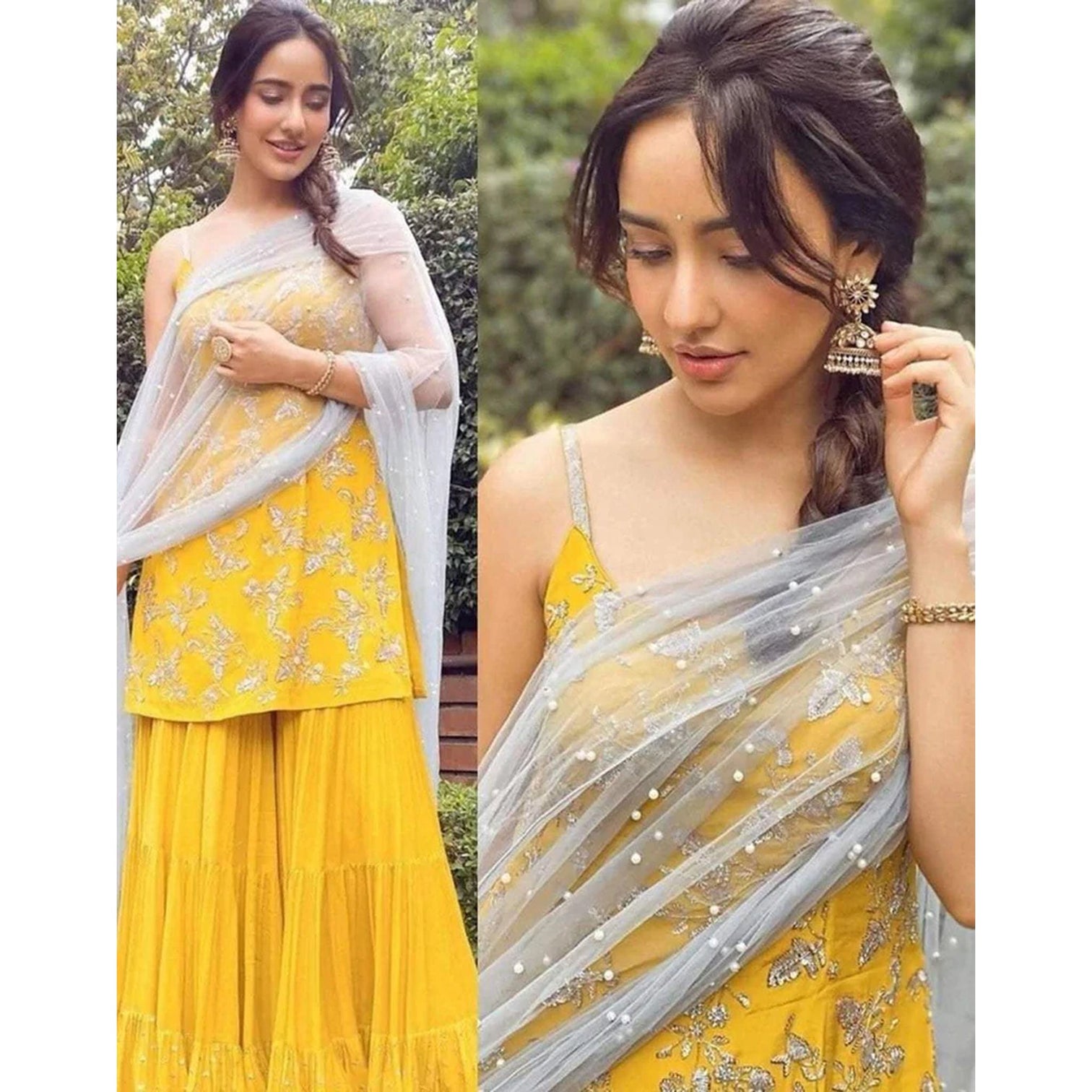 Yellow crape suit with Zari, sequins and pearl work