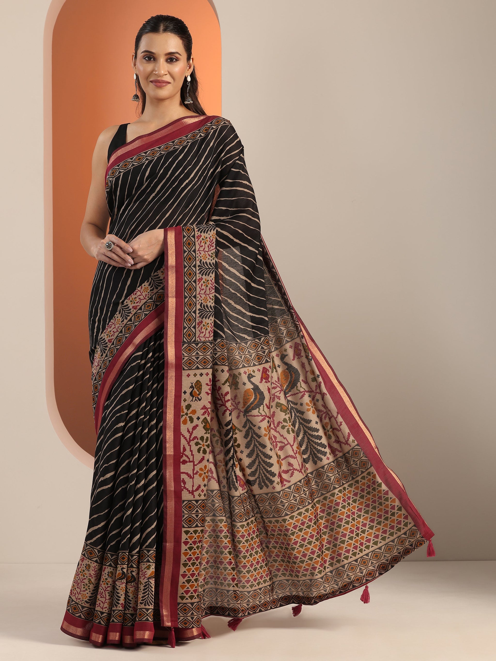 Libas Black Printed Cotton Blend Saree With Unstitched Blouse Piece