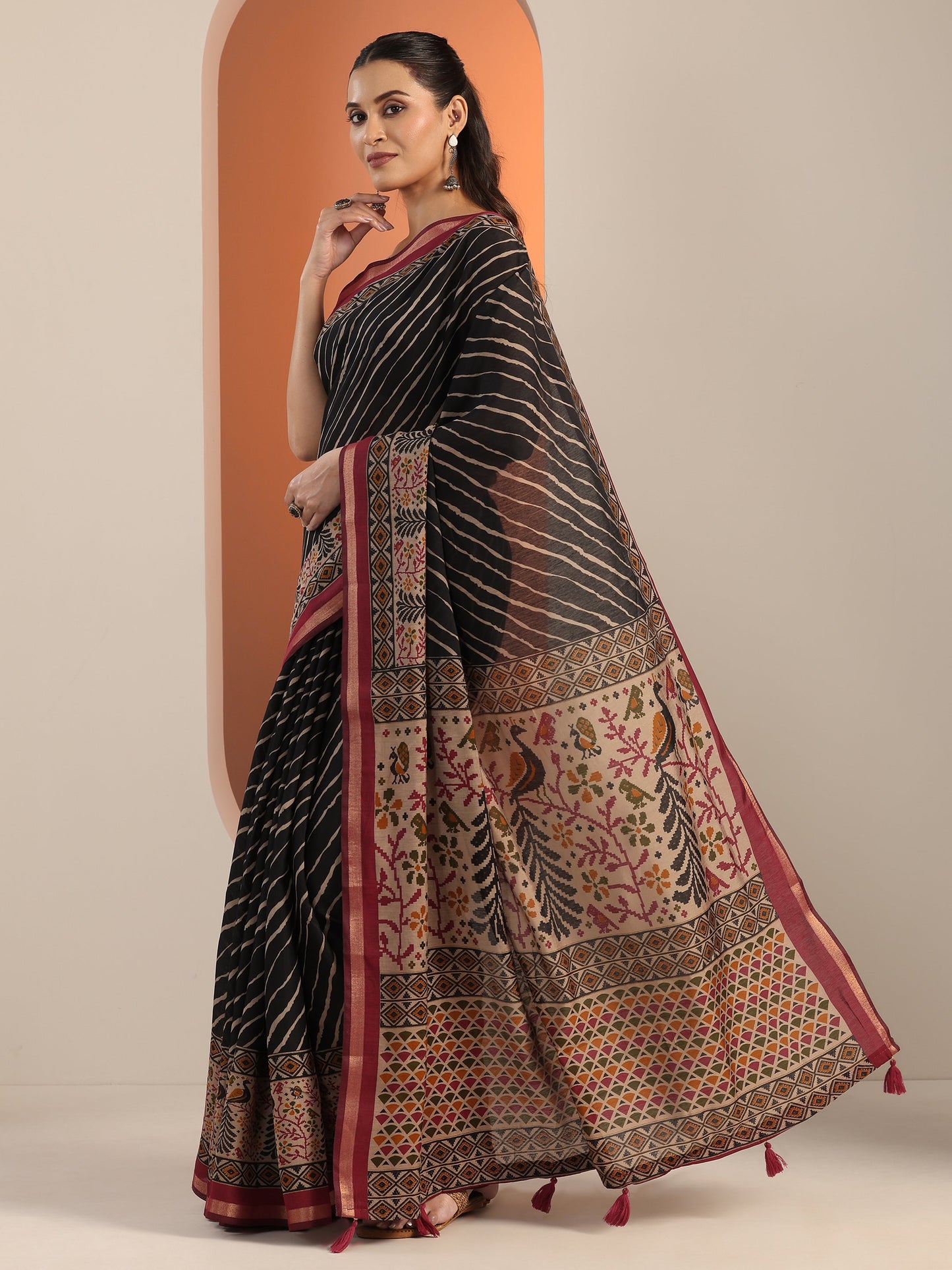 Libas Black Printed Cotton Blend Saree With Unstitched Blouse Piece
