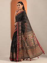 Libas Black Printed Cotton Blend Saree With Unstitched Blouse Piece