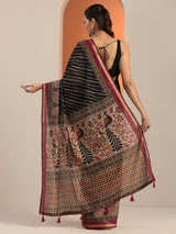 Libas Black Printed Cotton Blend Saree With Unstitched Blouse Piece
