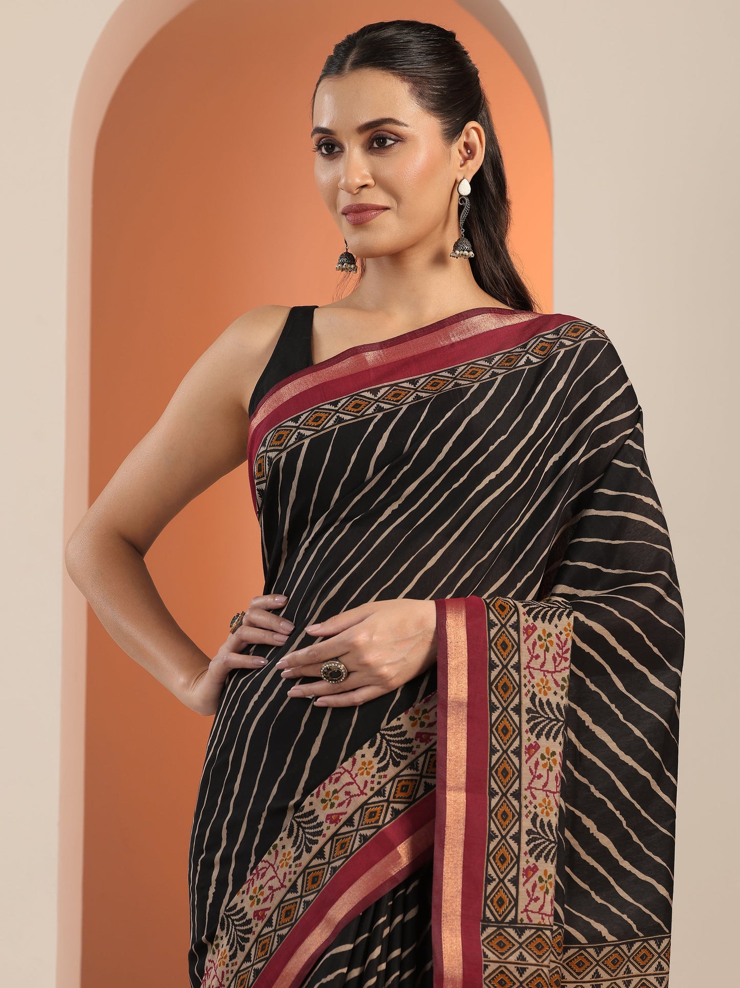 Libas Black Printed Cotton Blend Saree With Unstitched Blouse Piece