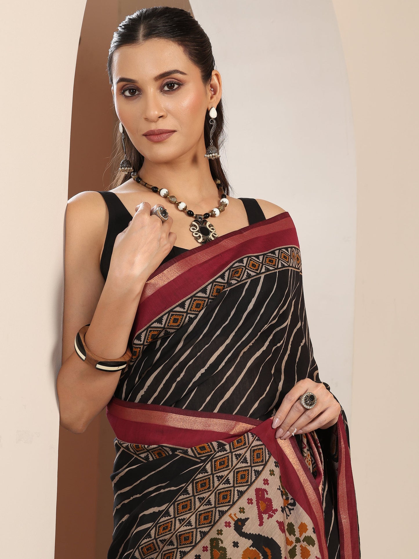 Libas Black Printed Cotton Blend Saree With Unstitched Blouse Piece