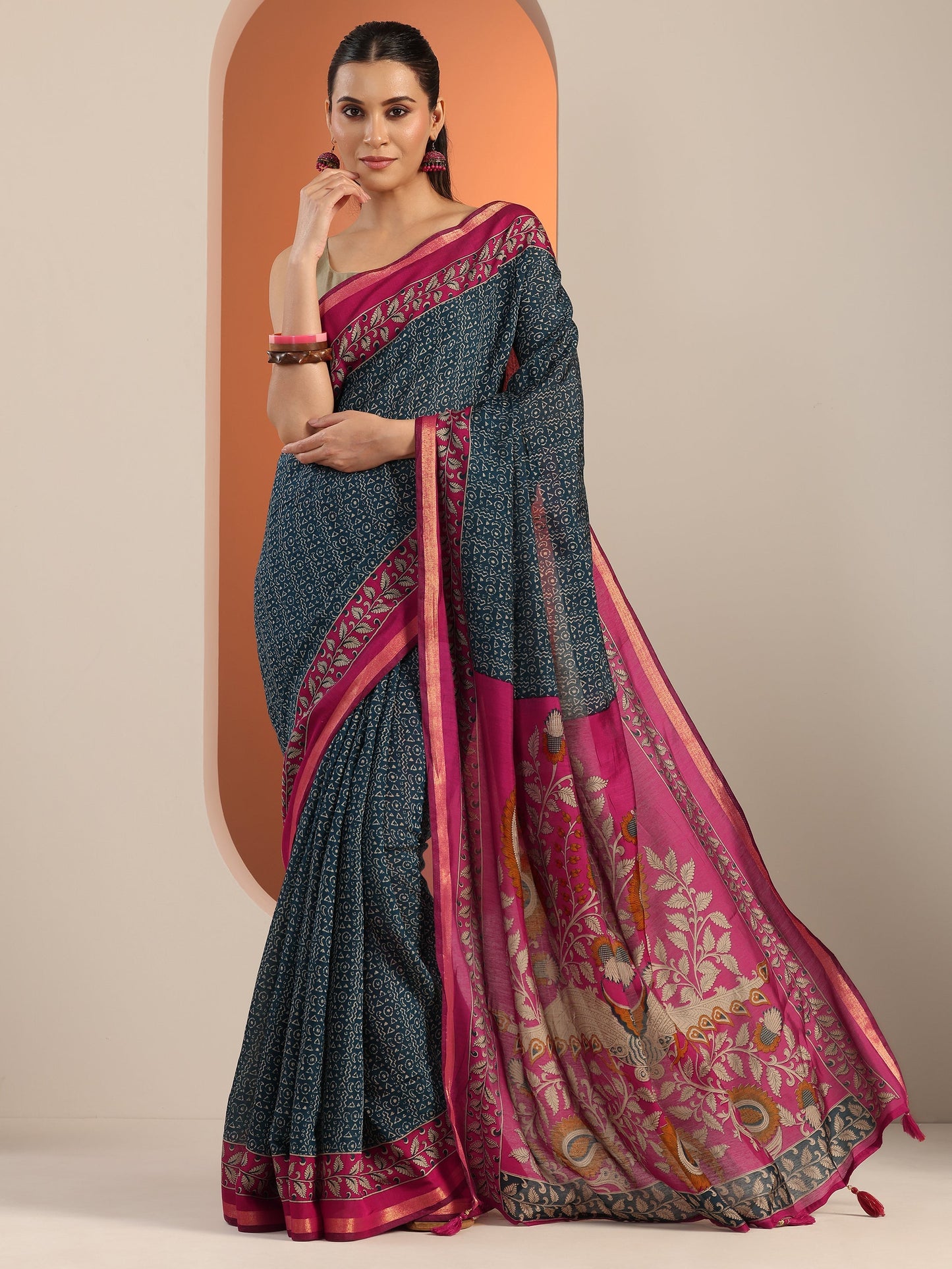 Libas Teal Printed Cotton Blend Saree With Unstitched Blouse Piece