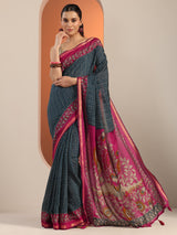 Libas Teal Printed Cotton Blend Saree With Unstitched Blouse Piece