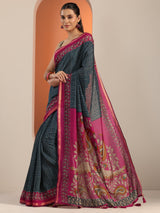Libas Teal Printed Cotton Blend Saree With Unstitched Blouse Piece