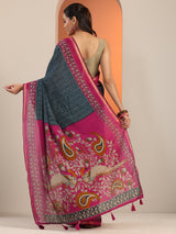 Libas Teal Printed Cotton Blend Saree With Unstitched Blouse Piece