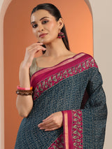 Libas Teal Printed Cotton Blend Saree With Unstitched Blouse Piece