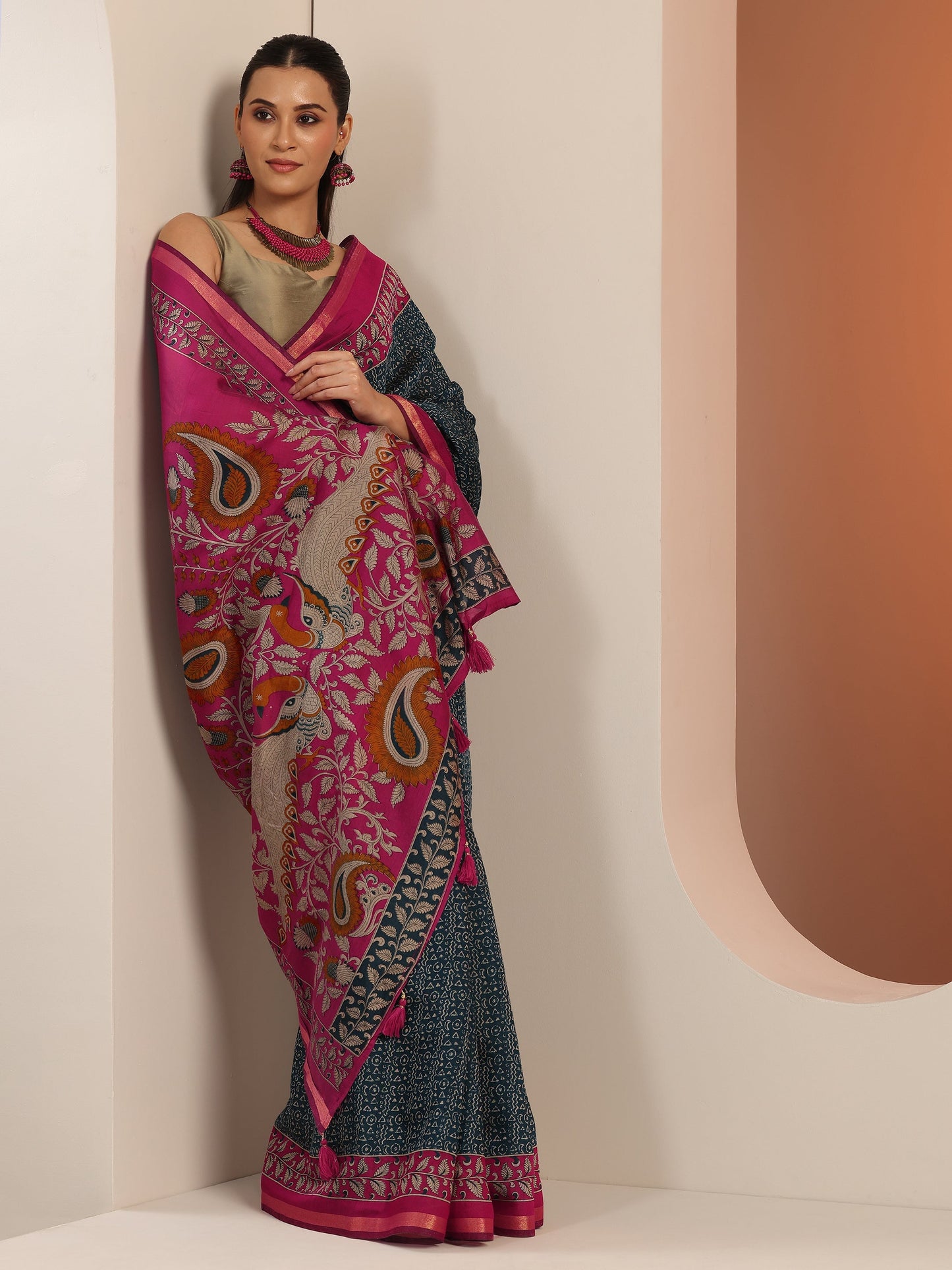 Libas Teal Printed Cotton Blend Saree With Unstitched Blouse Piece