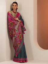 Libas Teal Printed Cotton Blend Saree With Unstitched Blouse Piece