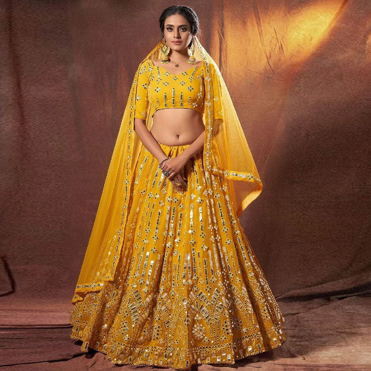 Yellow Georgette Lehenga Choli with Resham And Mirror Work