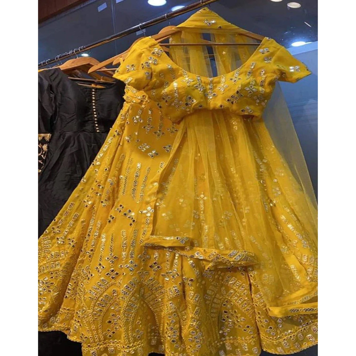 Yellow Georgette Lehenga Choli with Resham And Mirror Work