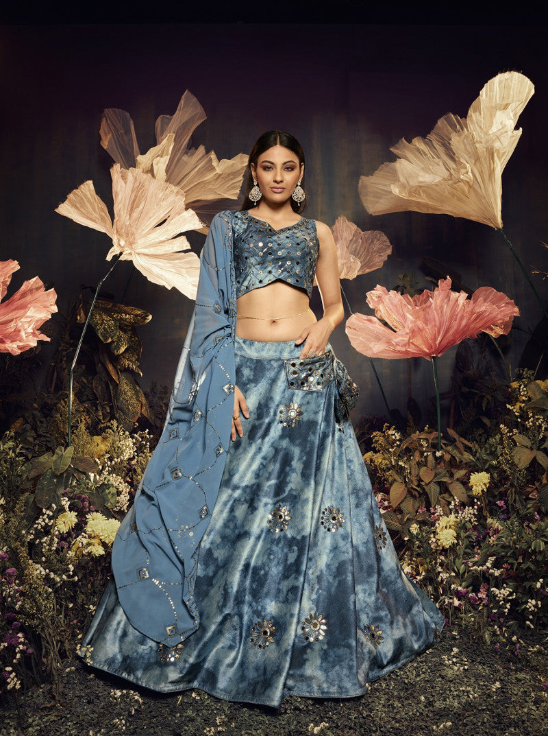 Ravishing Sky Color Shibori Print Dusty Mirror Work Lehenga Choli