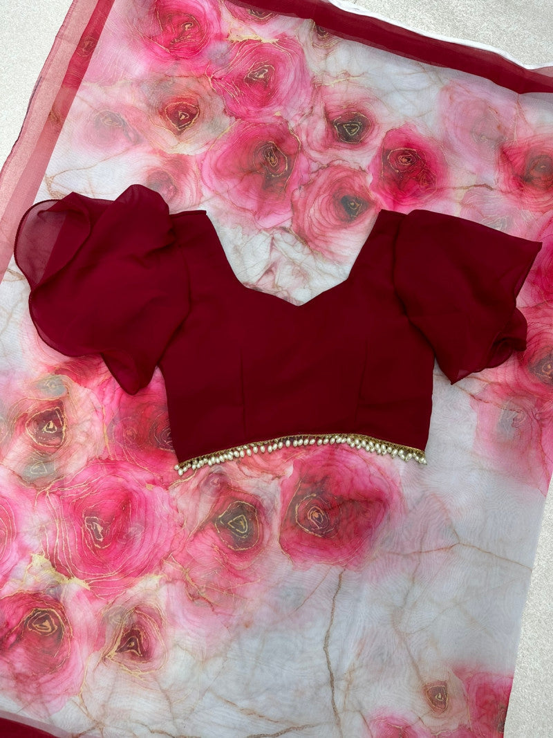 Mesmerizing Maroon and White Flower Print Organza Silk Saree