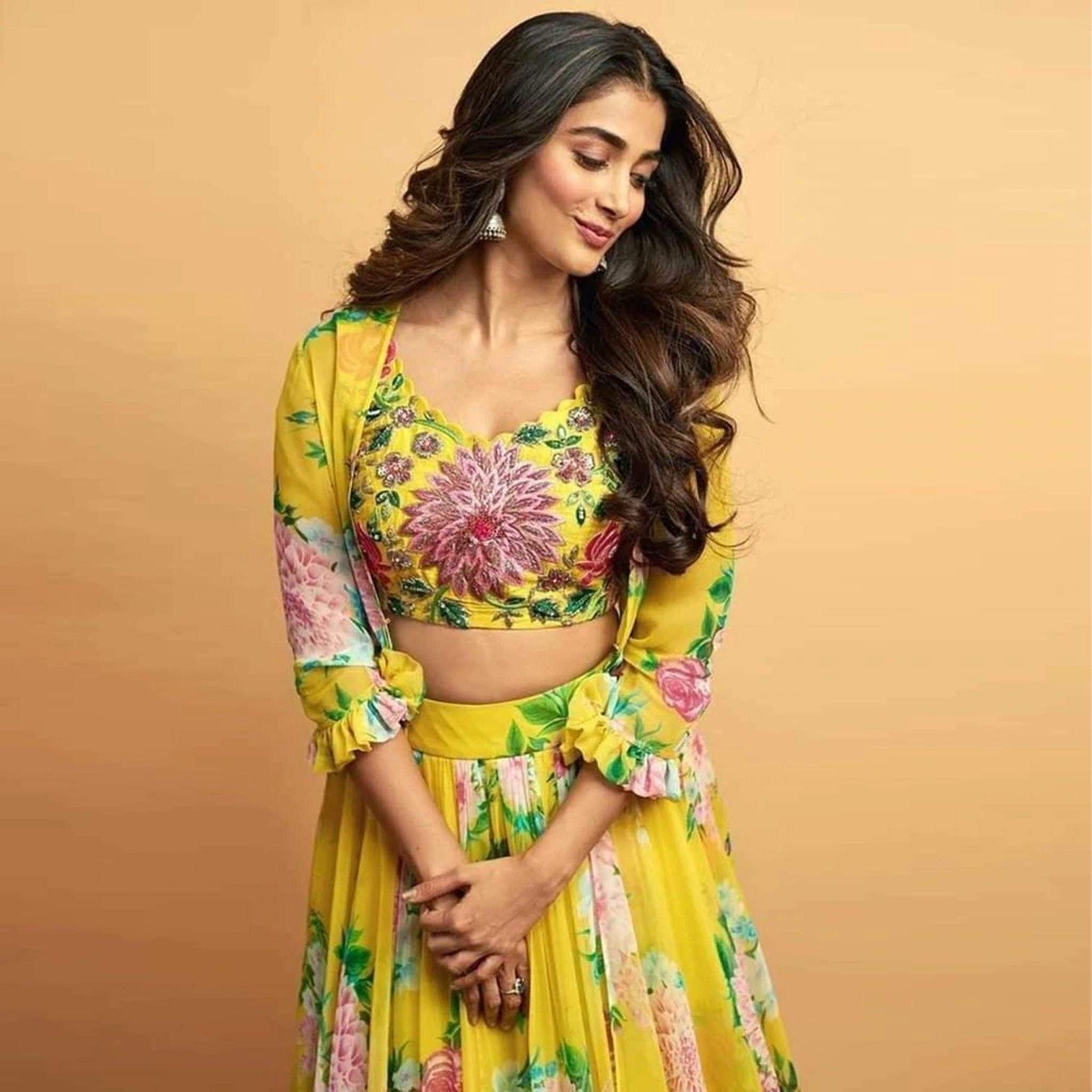 Yellow Lehenga Choli In Digitally Floral Printed Faux Georgette