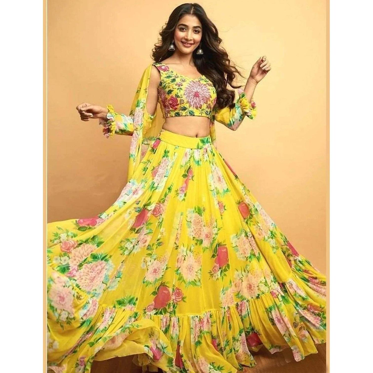 Yellow Lehenga Choli In Digitally Floral Printed Faux Georgette