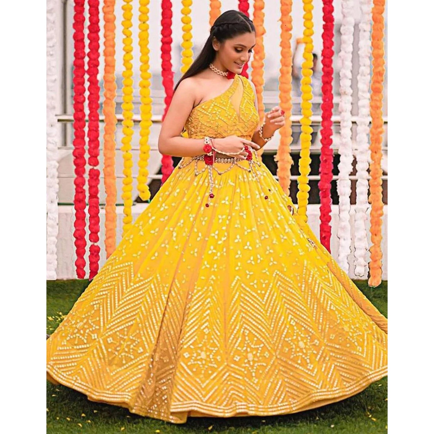Yellow Lehenga Choli in Georgette with Embroidery and Mirror Work