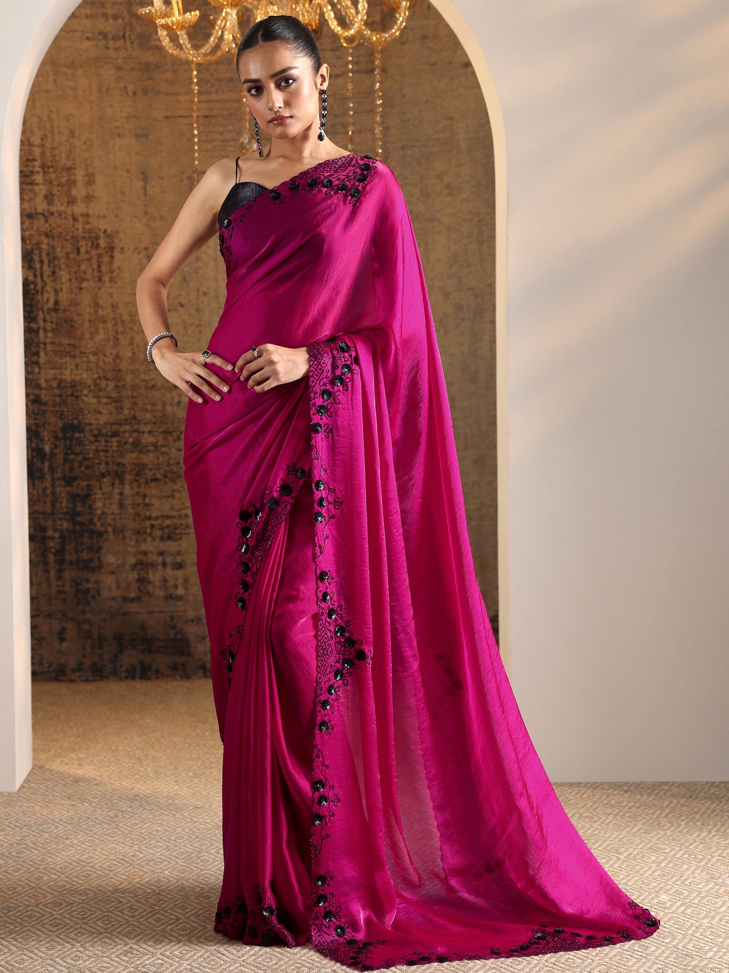 Libas Magenta Embellished Satin Sarees With Unstitched Blouse Piece
