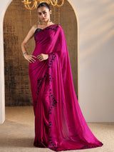 Libas Magenta Embellished Satin Sarees With Unstitched Blouse Piece