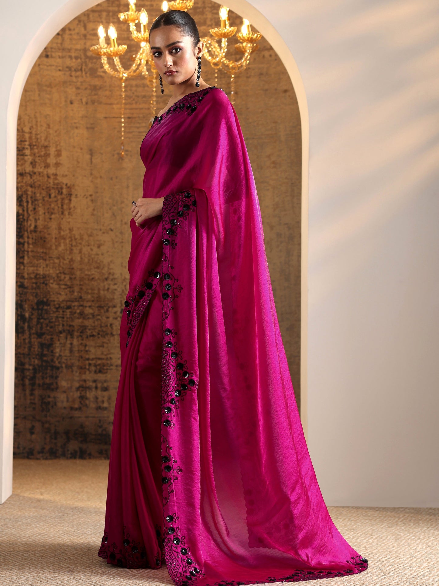 Libas Magenta Embellished Satin Sarees With Unstitched Blouse Piece