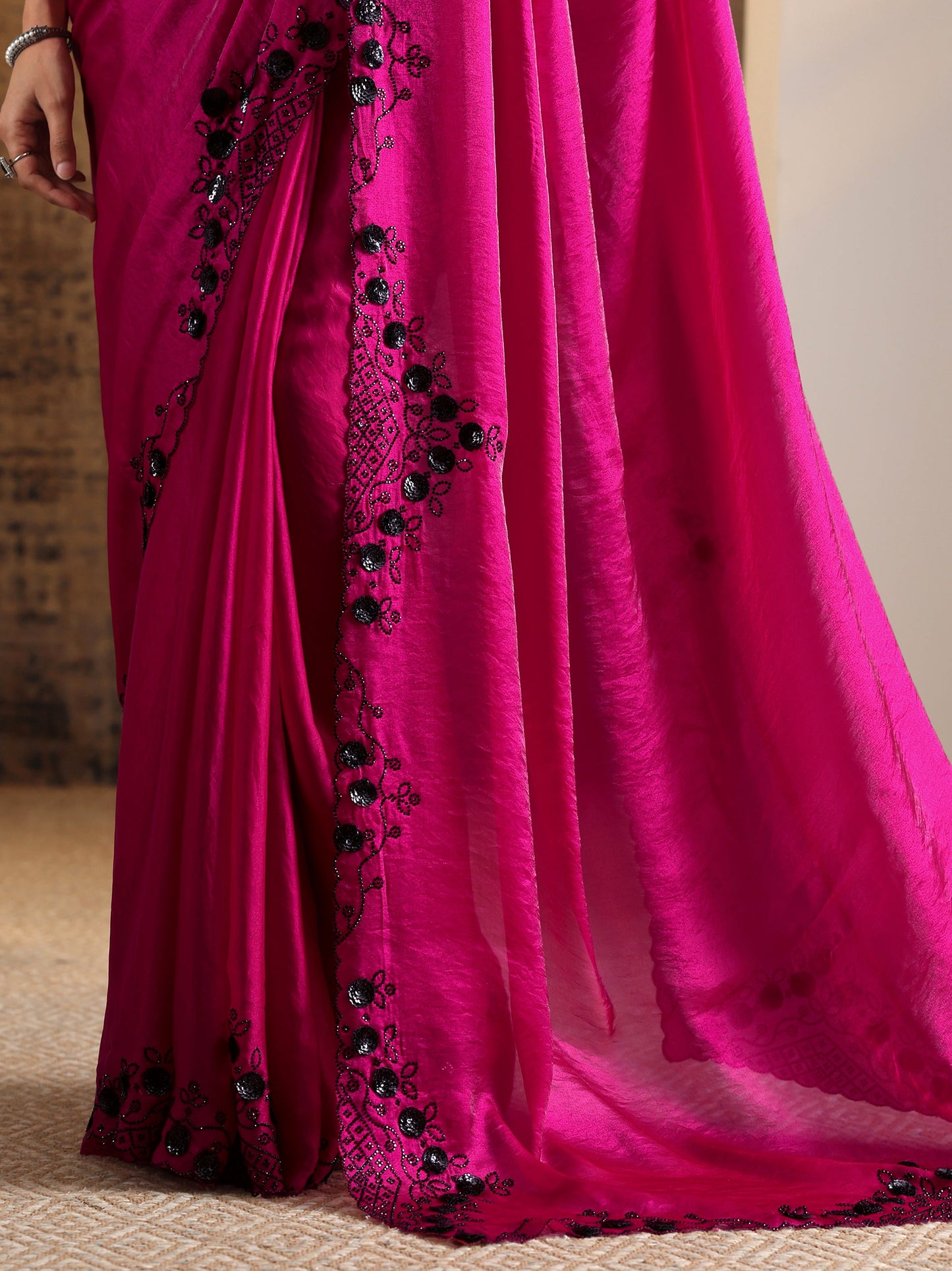 Libas Magenta Embellished Satin Sarees With Unstitched Blouse Piece