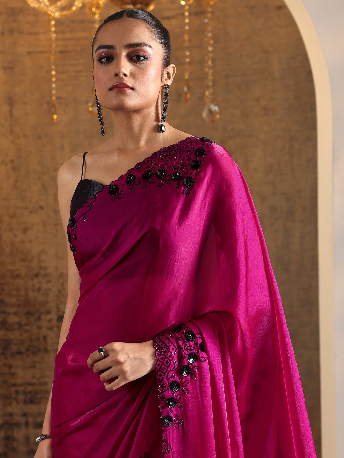 Libas Magenta Embellished Satin Sarees With Unstitched Blouse Piece