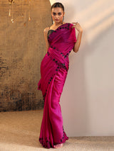 Libas Magenta Embellished Satin Sarees With Unstitched Blouse Piece