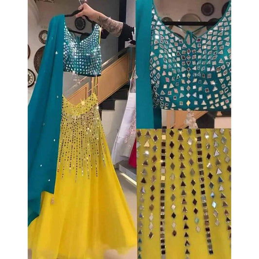 Yellow Lehenga Choli in Georgette with Mirror and Embroidery Work