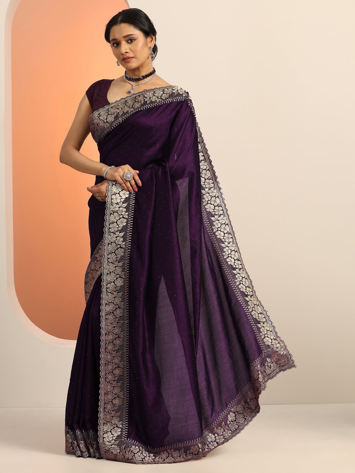 Libas Burgundy Embellished Silk blend Saree With Unstitched Blouse Piece