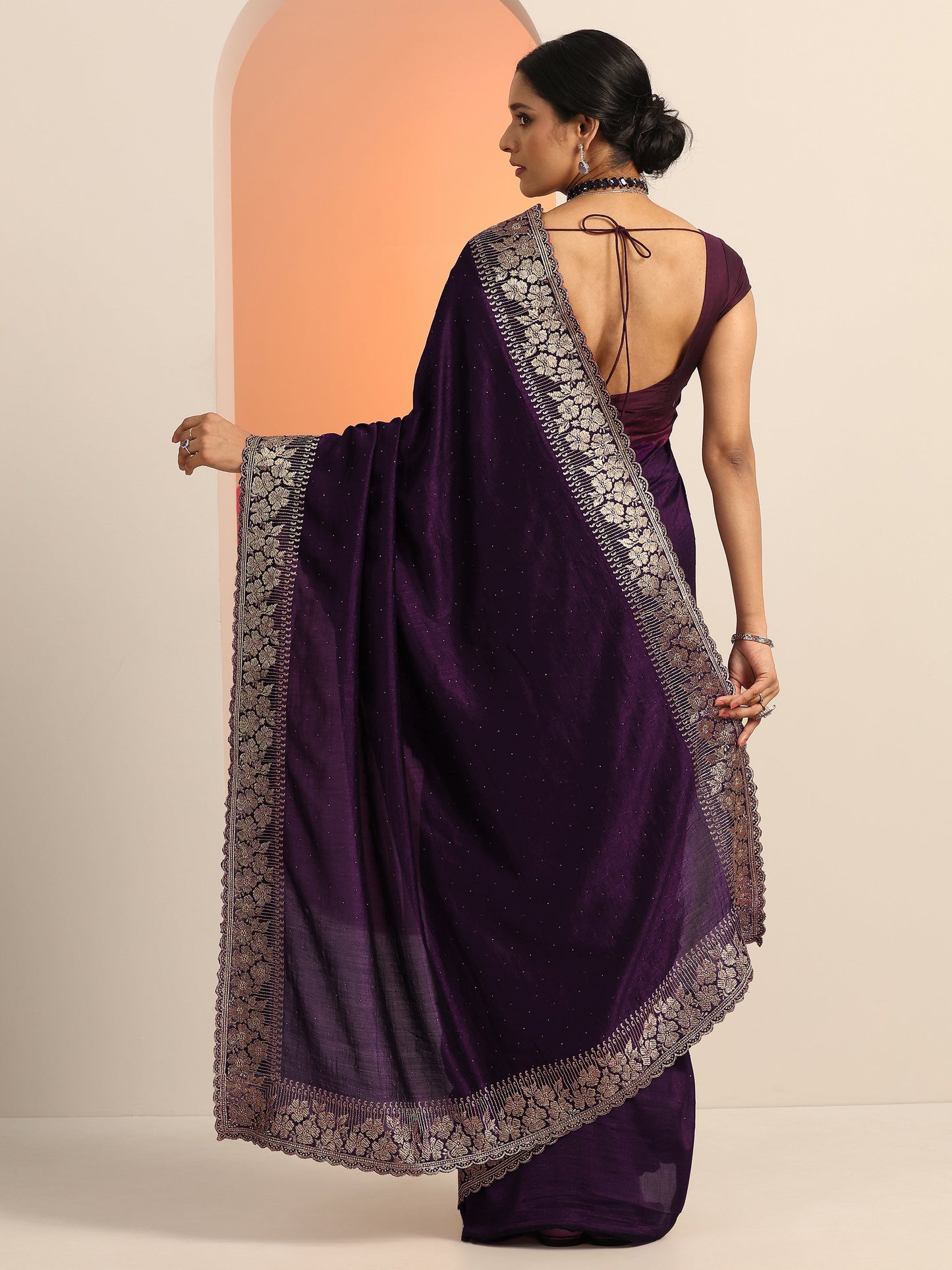 Libas Burgundy Embellished Silk blend Saree With Unstitched Blouse Piece